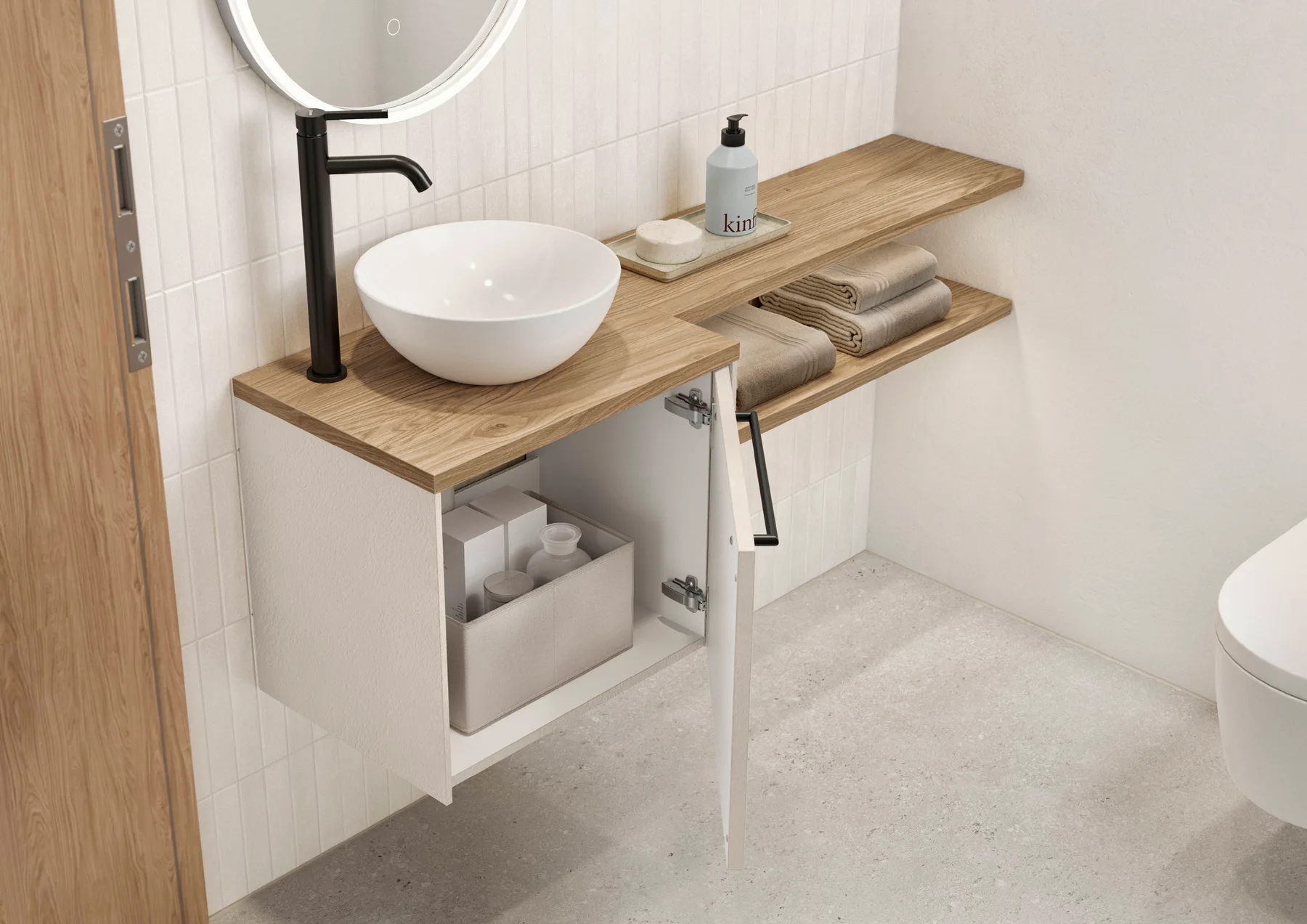 Badezimmerinspiration: Waschtisch mit Holzablage, weißen Fronten und rundem Aufsatzbecken