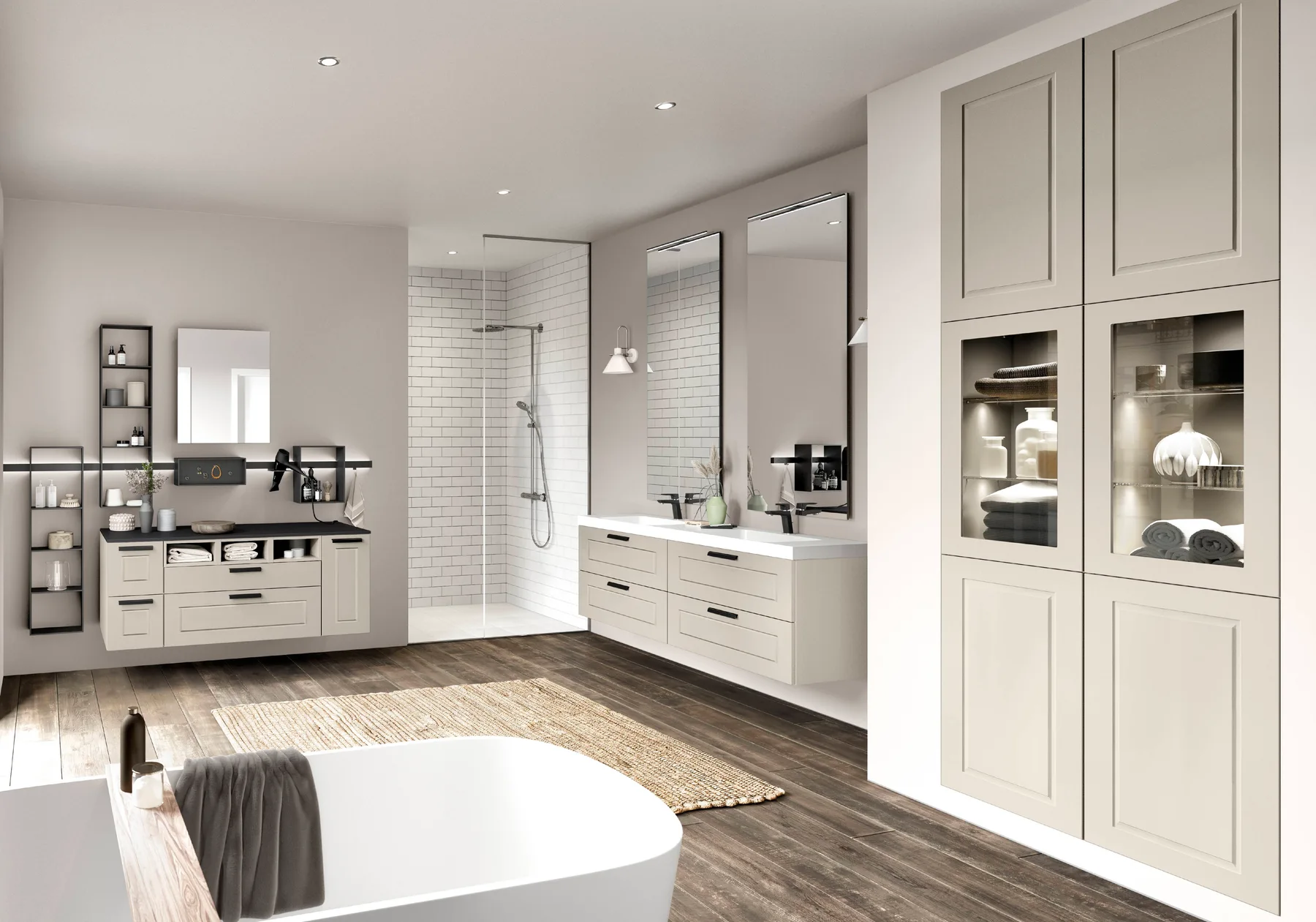 Badezimmerinspiration: helle Badmöbel mit Waschtisch, Stauraum und Vitrinenschrank